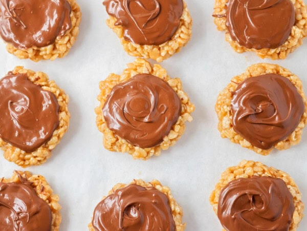 No bake scotcheroo cookies setting on a cookie sheet.