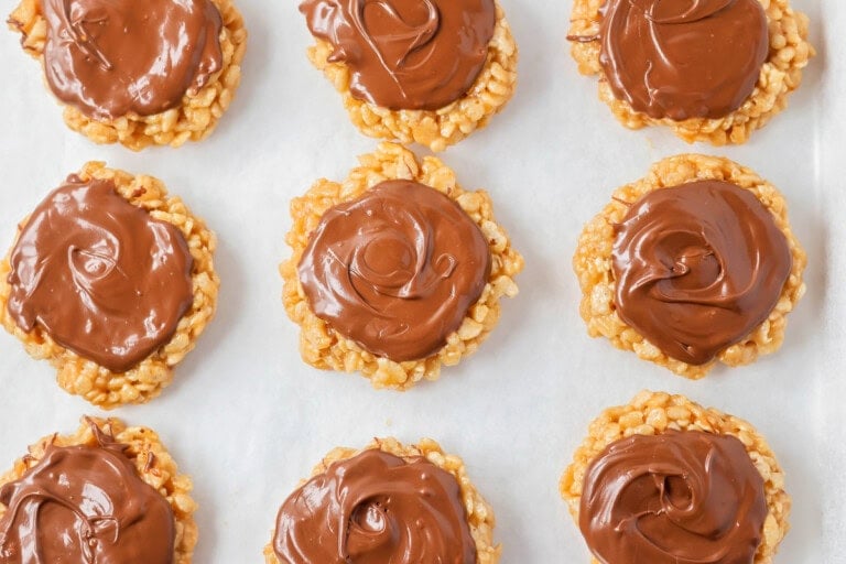 No bake scotcheroo cookies setting on a cookie sheet.