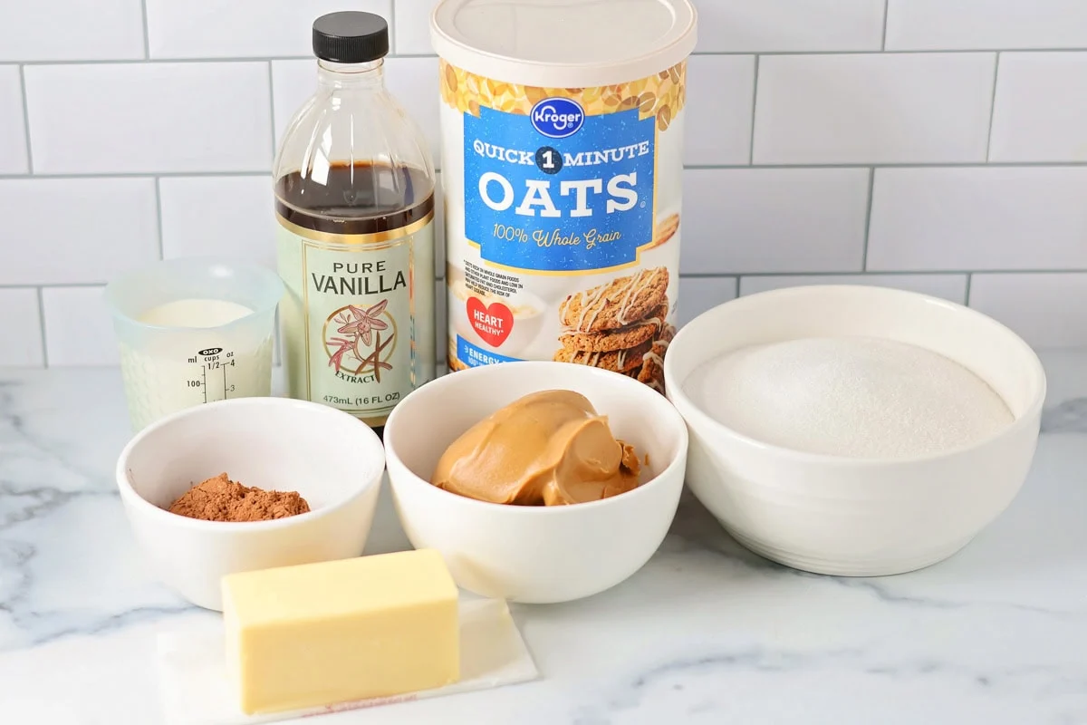 Ingredients for No Bake Cookies on white counter.
