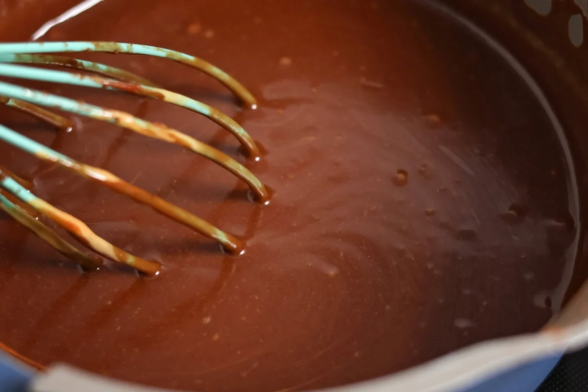 Chocolate, sugar and butter melted in saucepan.