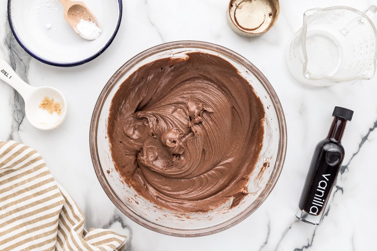 Brownie batter dip mixed together in bowl.