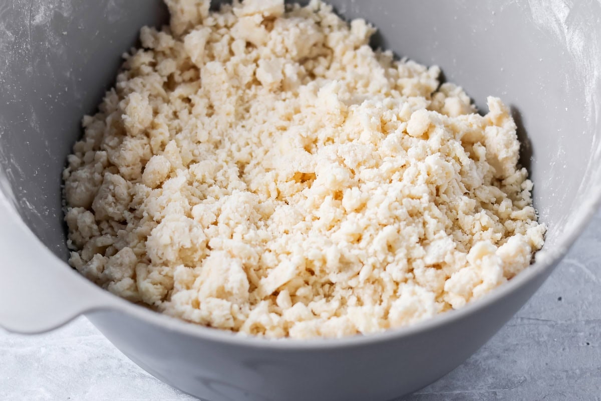 Crumbly crust in a mixing bowl.