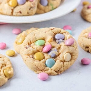 Easter cookies recipe on counter with Easter M&Ms sprinkled around.