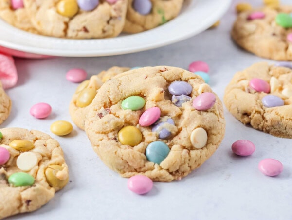 Easter cookies recipe on counter with Easter M&Ms sprinkled around.