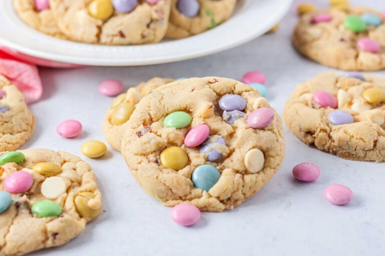 Easter cookies recipe on counter with Easter M&Ms sprinkled around.