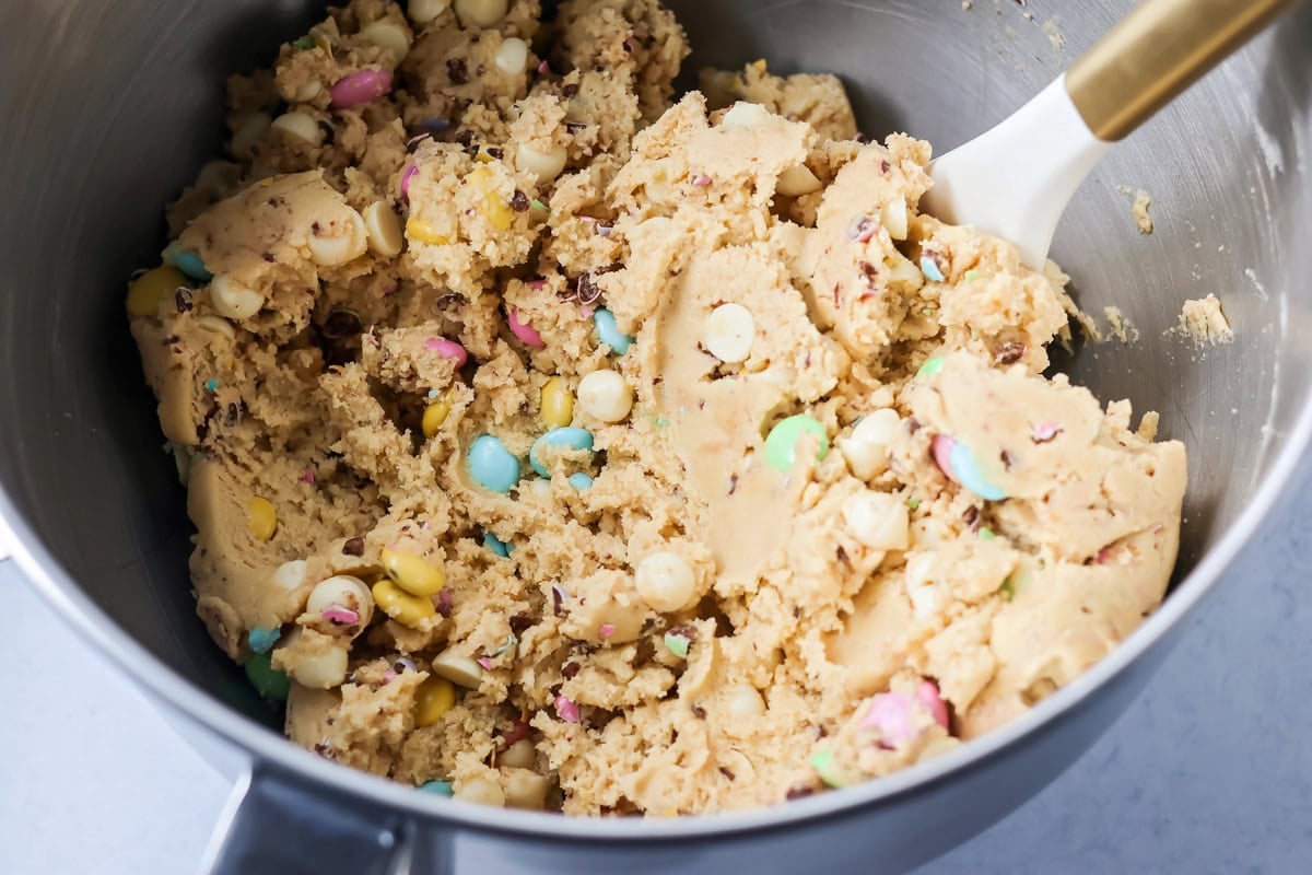Easter cookies dough in mixing bowl.