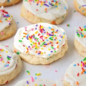 Funfetti Cake Mix Cookies with sprinkles all around.