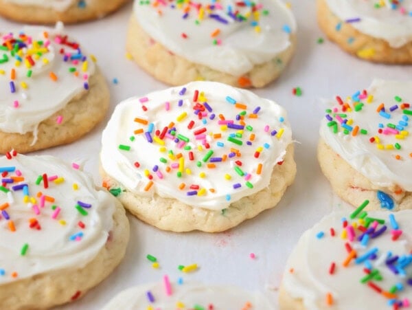 Funfetti Cake Mix Cookies with sprinkles all around.