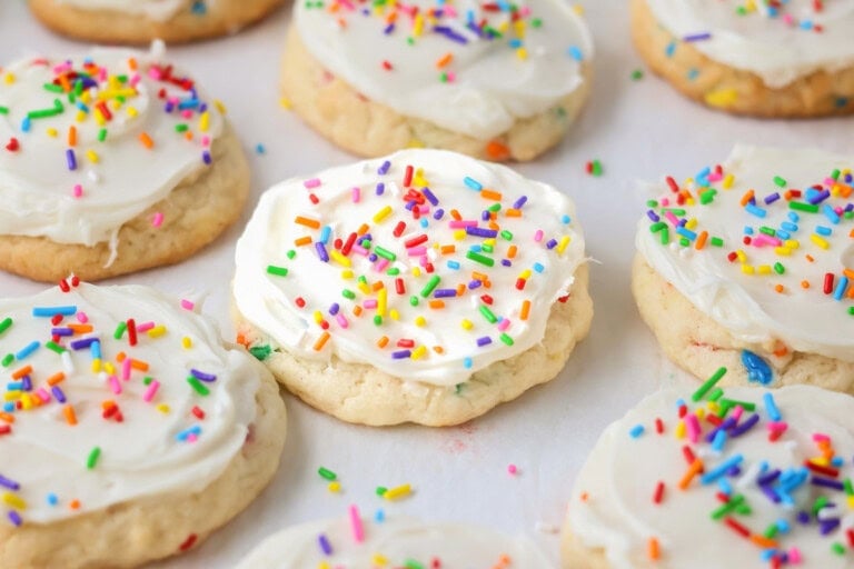 Funfetti Cake Mix Cookies with sprinkles all around.