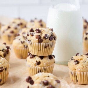Mini Chocolate chip muffins stacked on top of each other.