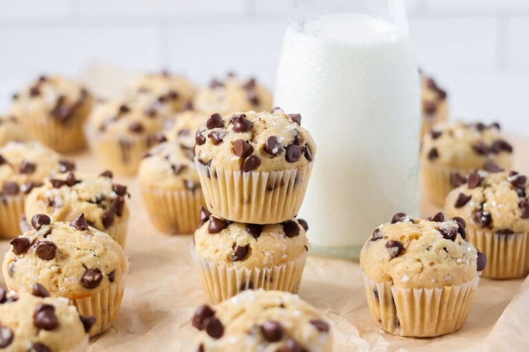 Mini Chocolate chip muffins stacked on top of each other.