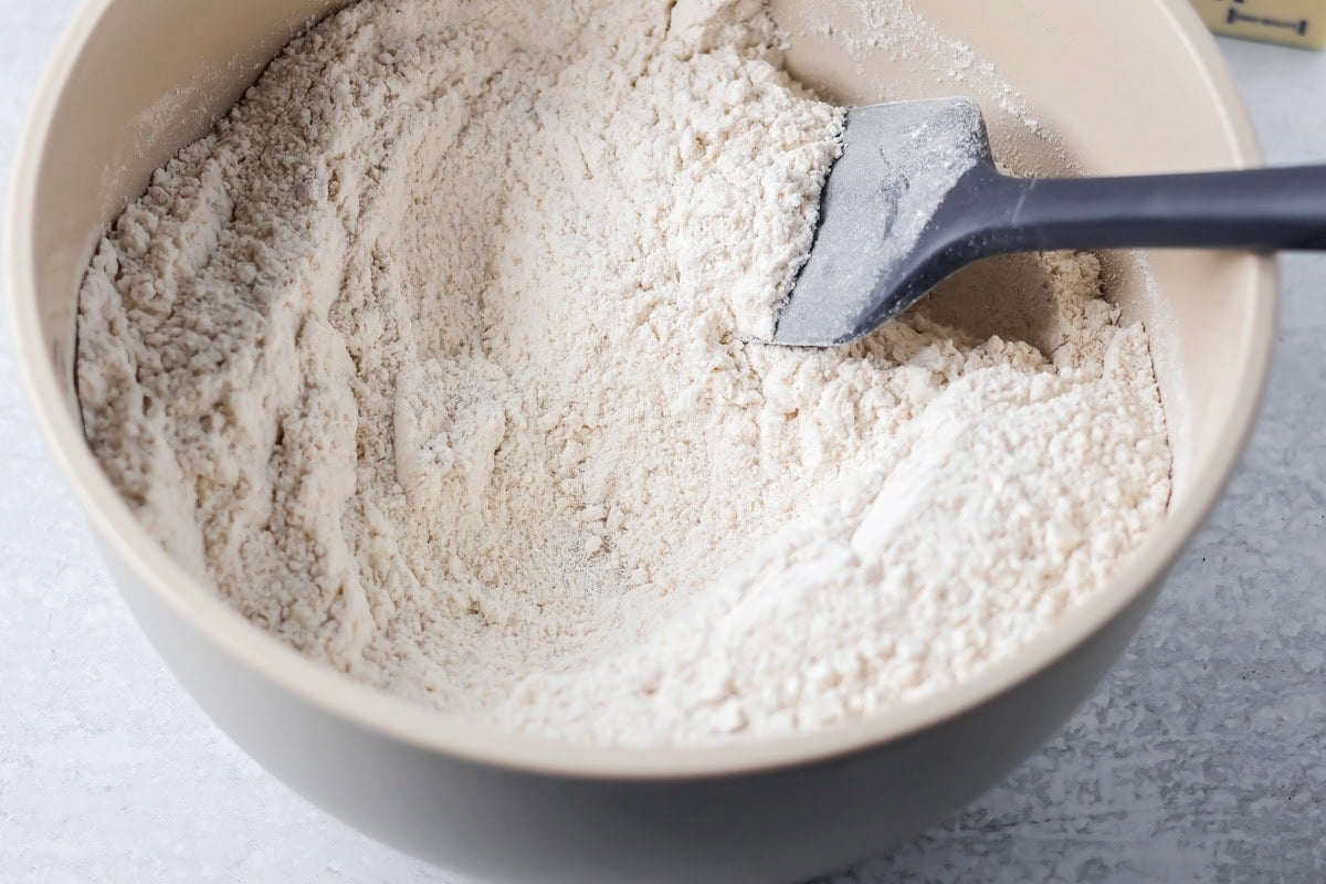 Dry Ingredients for mini chocolate chip muffins in bowl.
