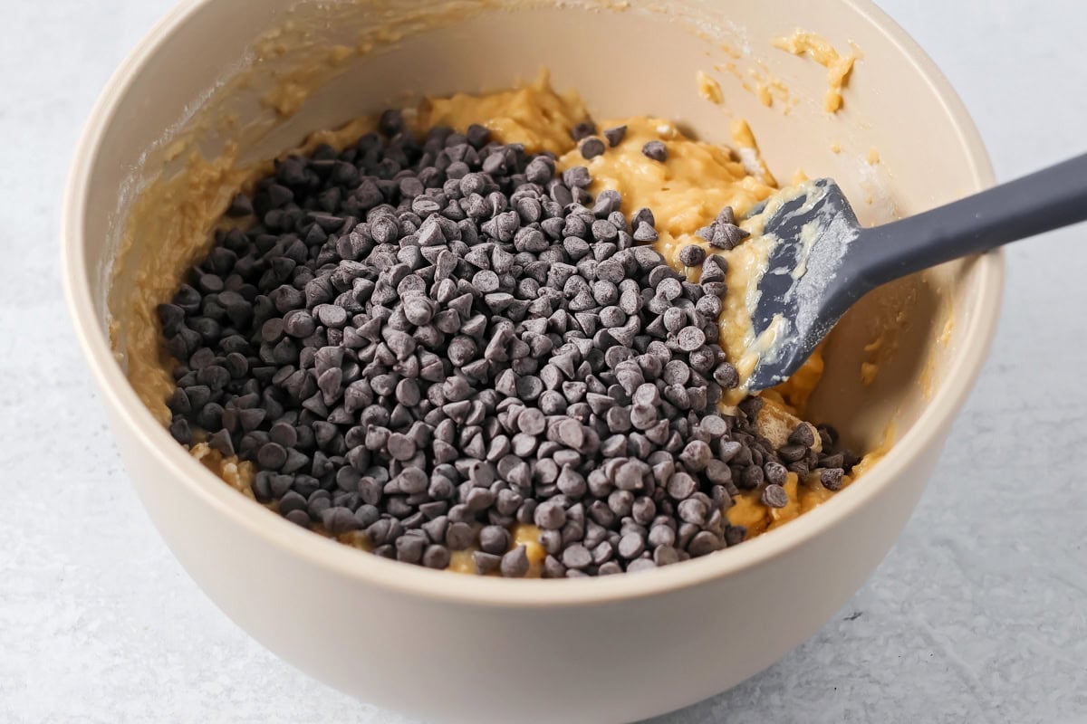 Mini chocolate chips sprinkled over batter.