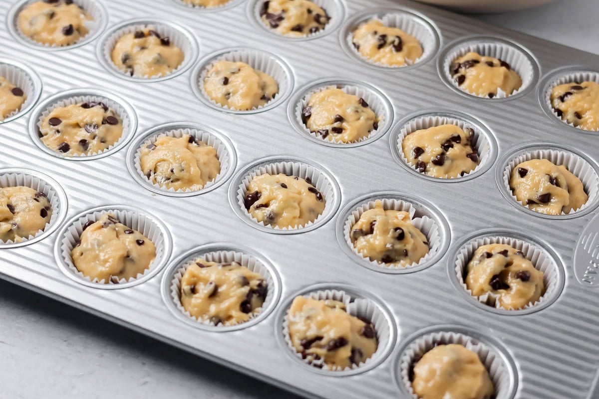 Mini muffins scooped into cups in mini muffin tray.