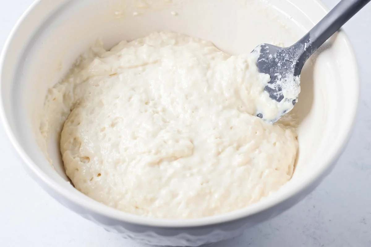 Pancake batter mixed together in bowl.