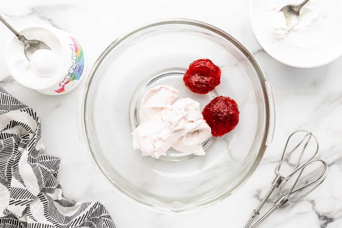 Ingredients for strawberry fruit dip in bowl.
