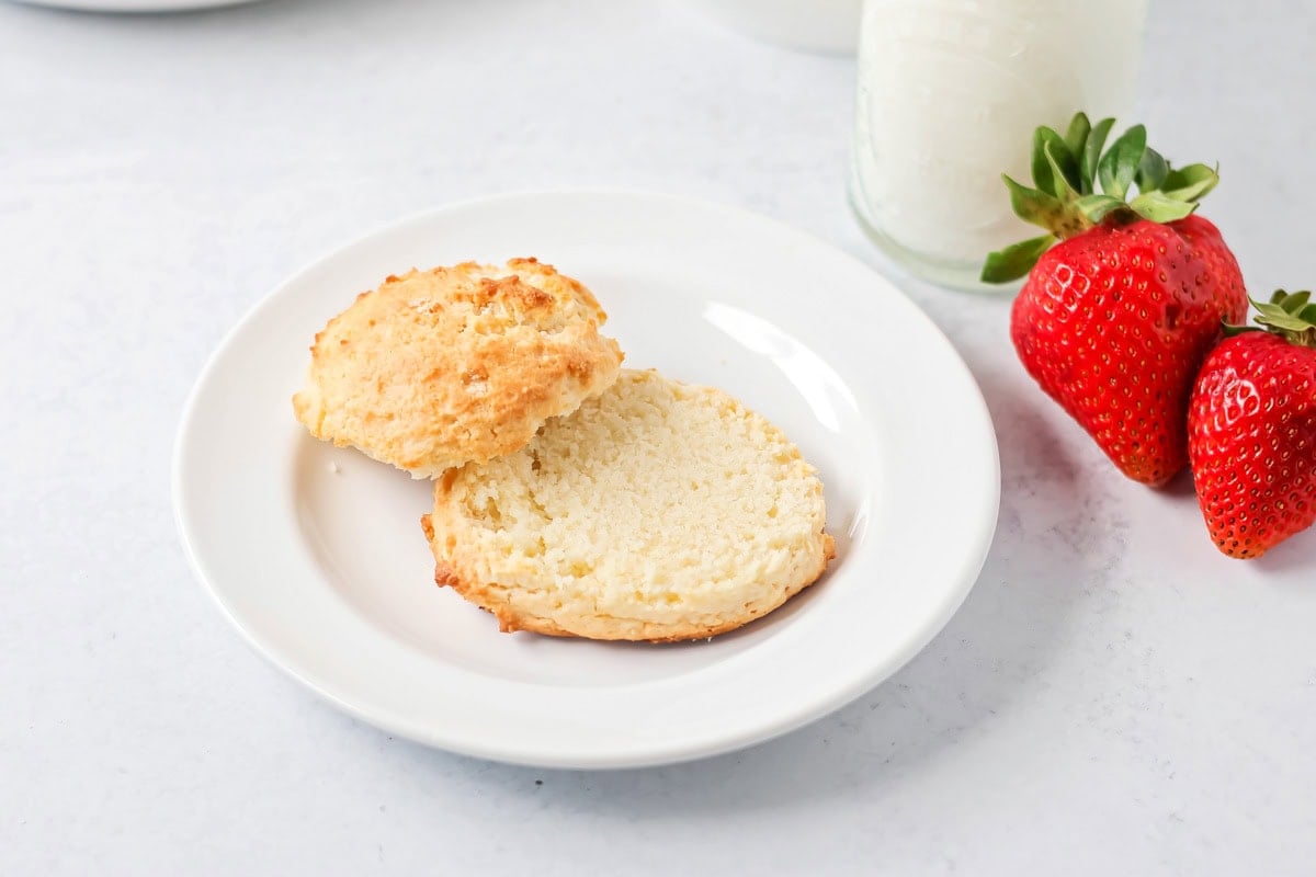 A biscuit cut in half for bisquick strawberry shortcake.