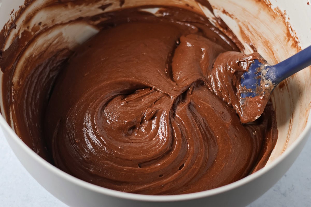 Stirring together brownie cake ingredients in bowl.