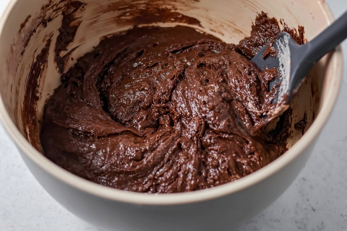 Cake Mix Brownies mixed together in a bowl.