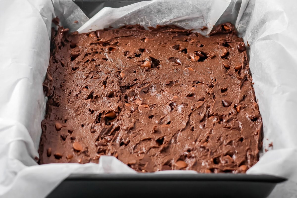 Cake mix brownies poured into 9x9 pan.