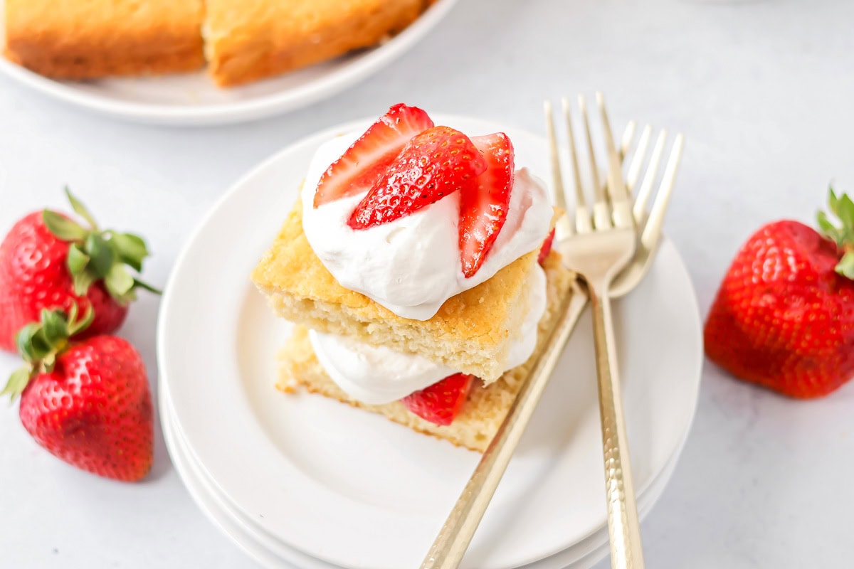 Classic Strawberry Shortcake on a white plate.