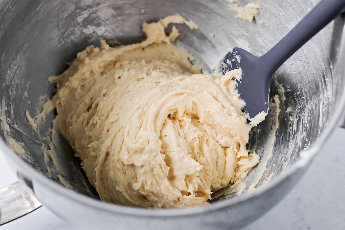 Shortcake batter mixed in a metal bowl.