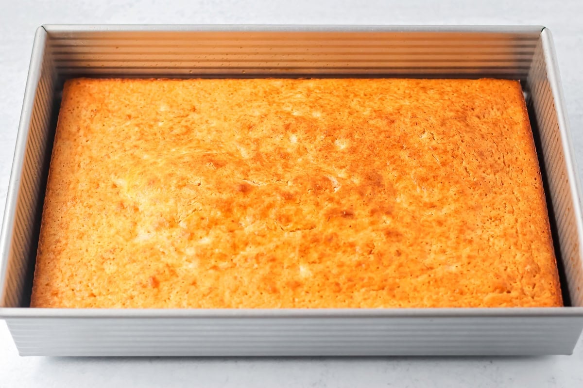 Baked easy banana cake in a baking dish.