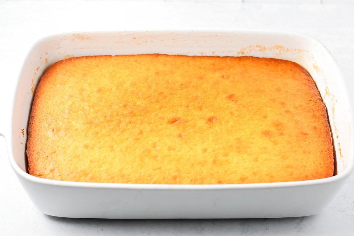 Pineapple upside down cake fresh from the oven before inverting.