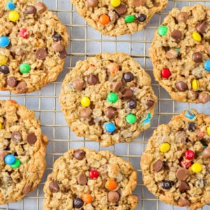 Monster cookie recipe on a cooling rack.