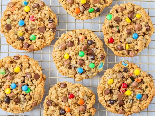 Monster cookie recipe on a cooling rack.
