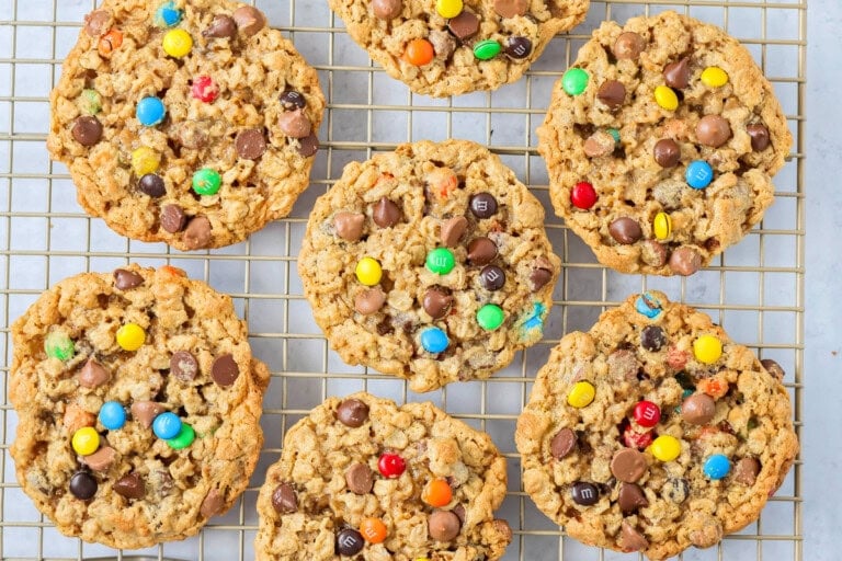 Monster cookie recipe on a cooling rack.