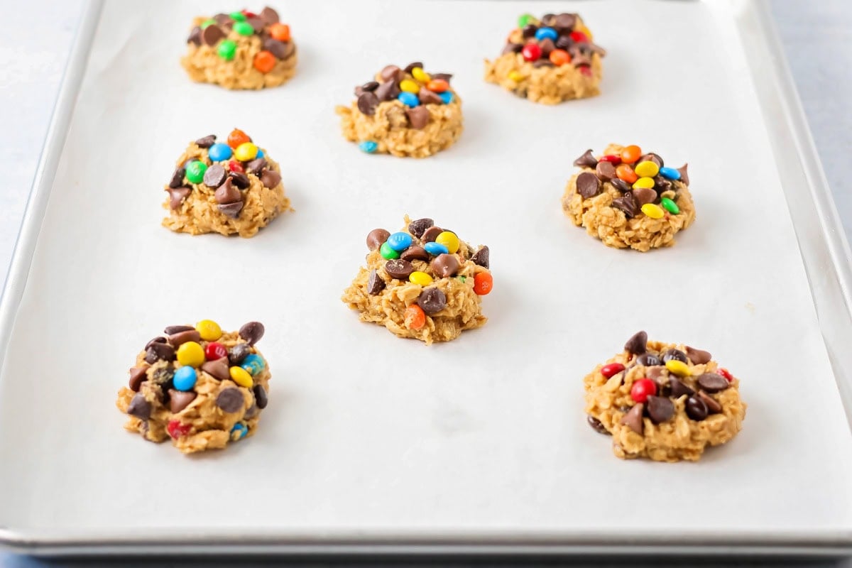 Extra M&Ms and chocolate chips added to the top of Monster cookie dough balls.