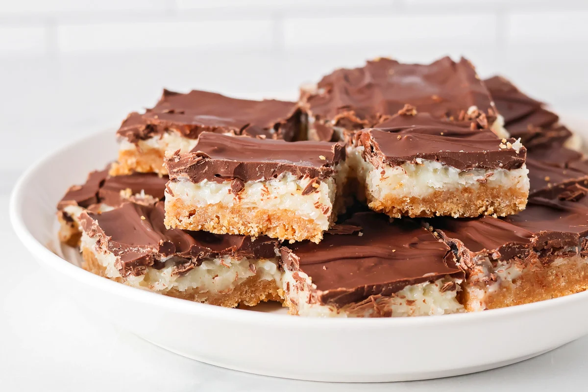 A plate of sliced mounds bar recipe.