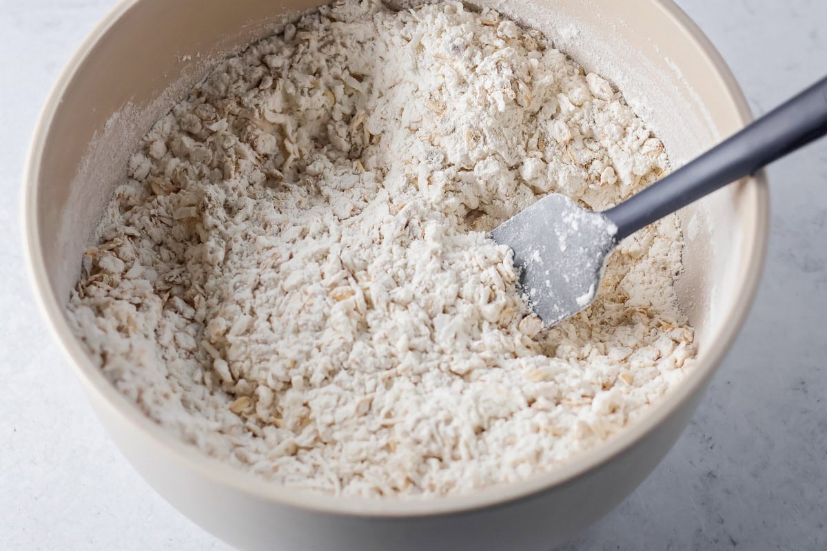 Dry ingredients for making oatmeal toffee cookies.