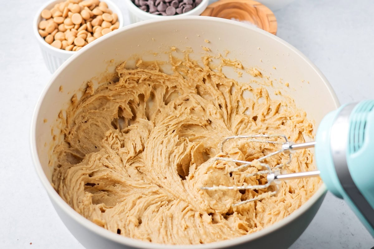 Salted caramel chocolate chip cookie dough batter.