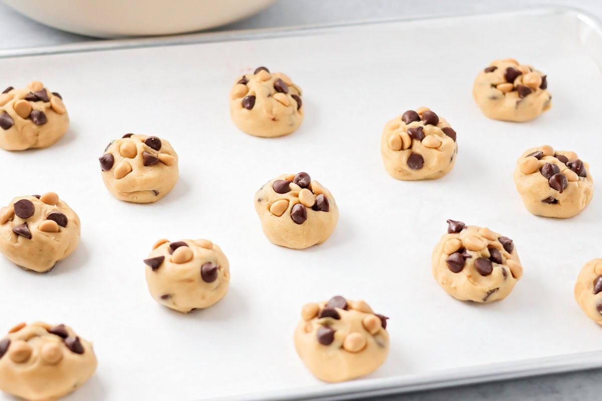 Salted Caramel chocolate chip cookies with chips on top.