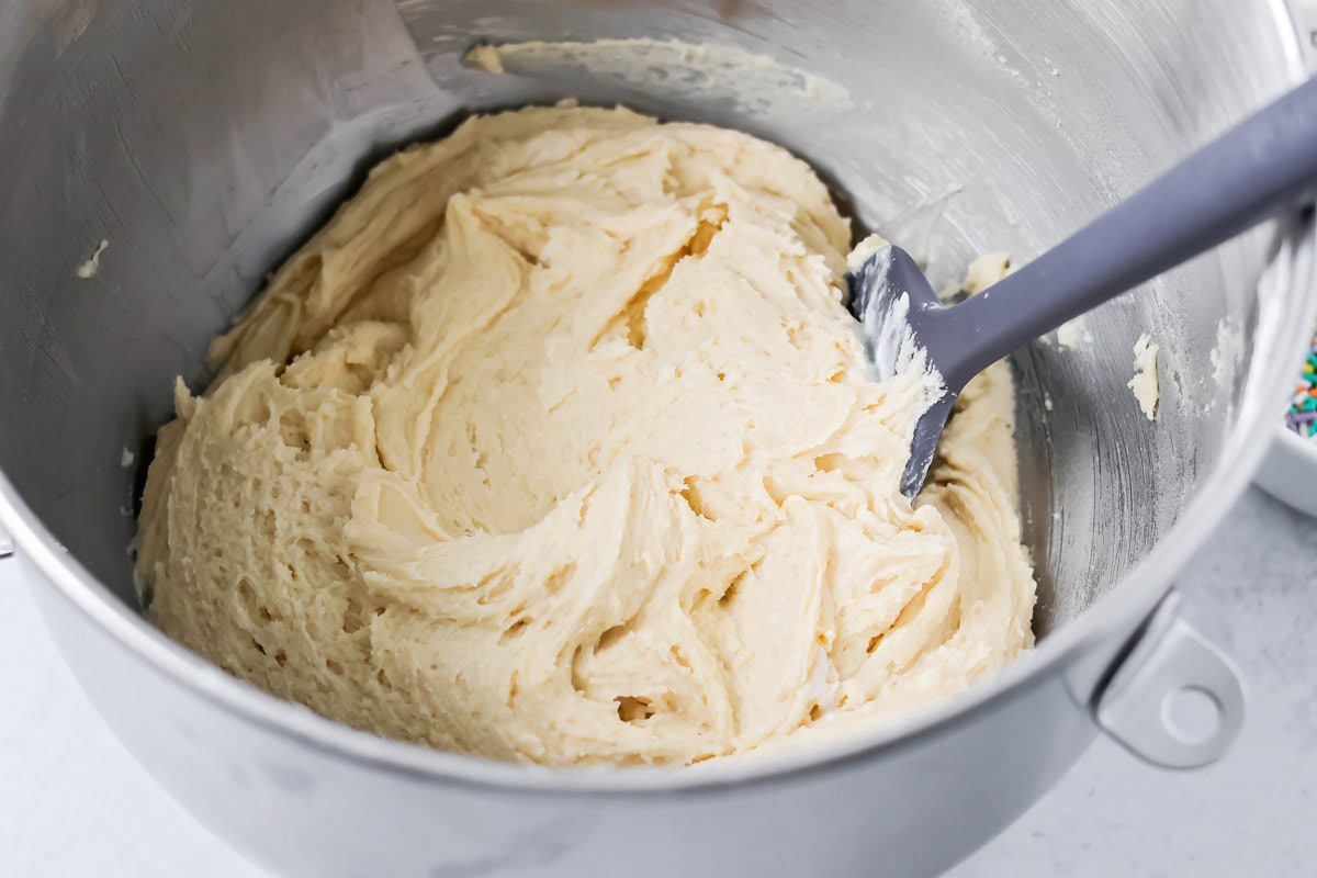 Sugar cookie batter in a mixing bowl.