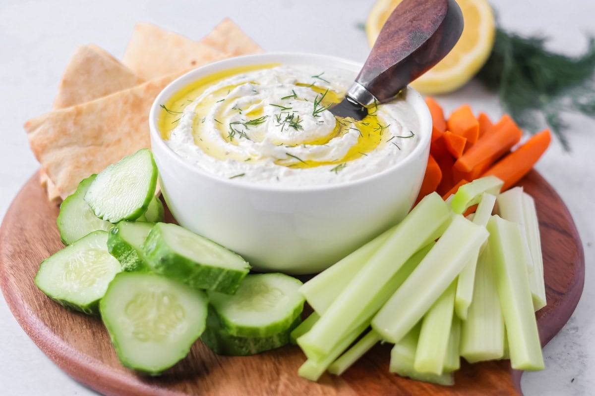 Whipped feta dip served with fresh veggies and pita.