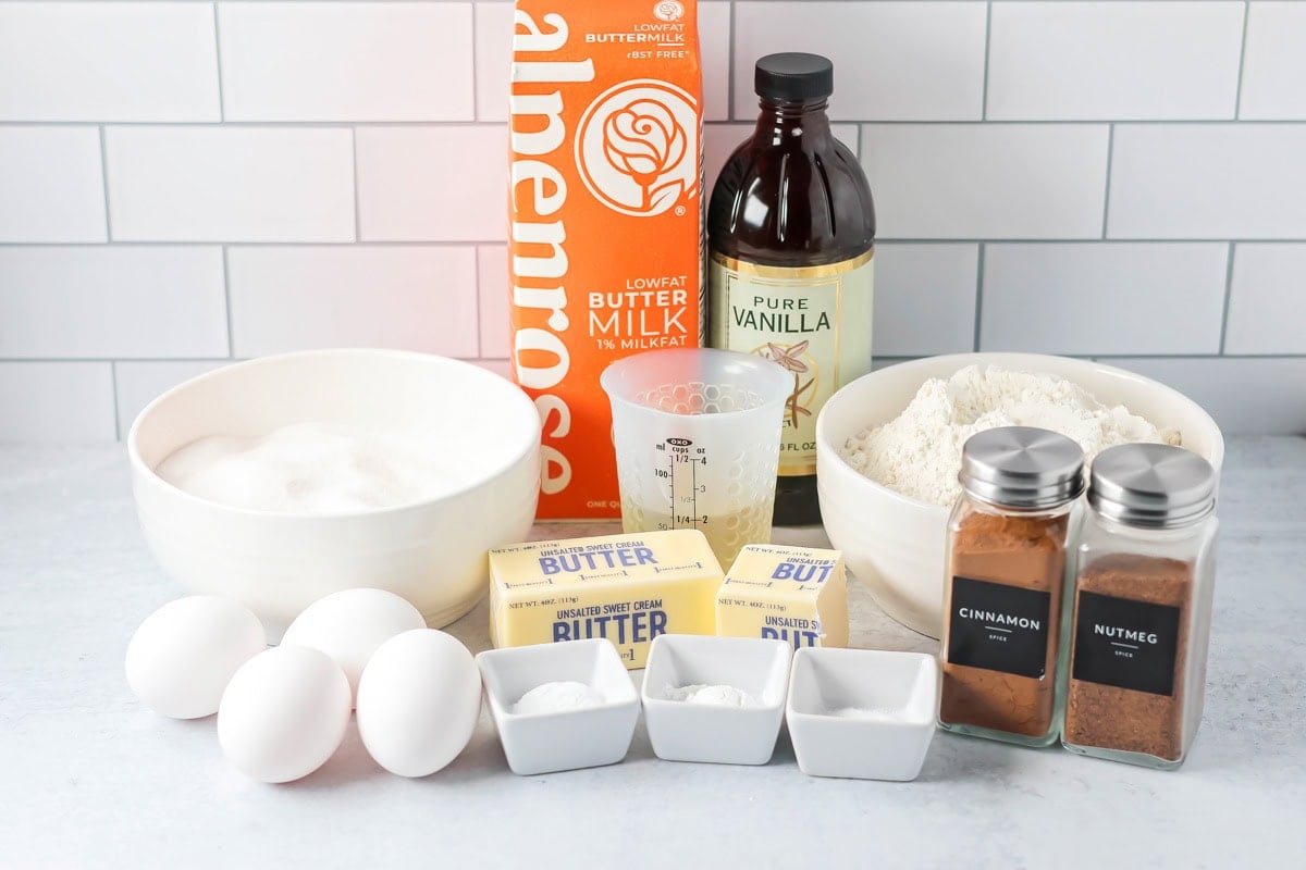 Buttermilk cake ingredients on a kitchen counter.