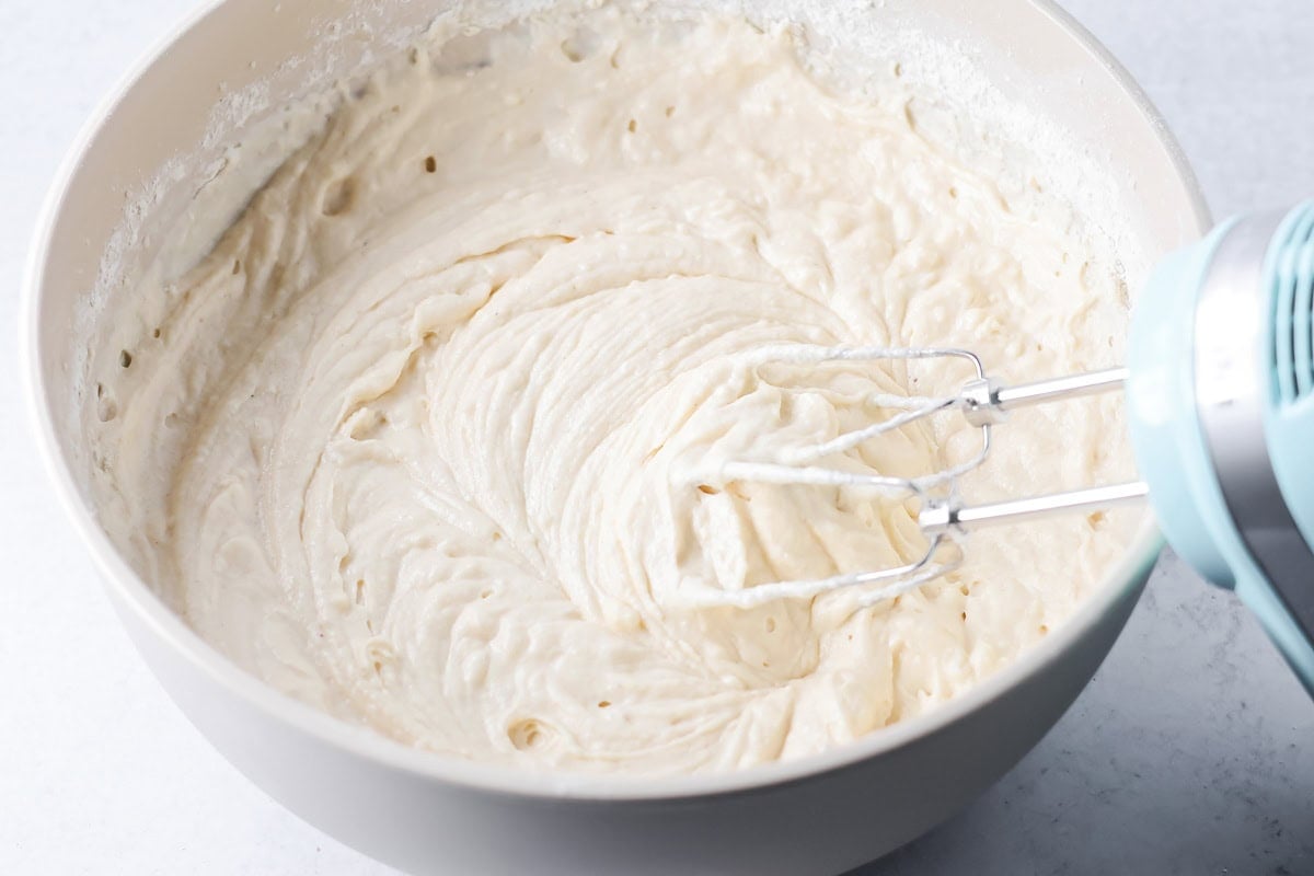 Whipping up buttermilk cake batter in a bowl.
