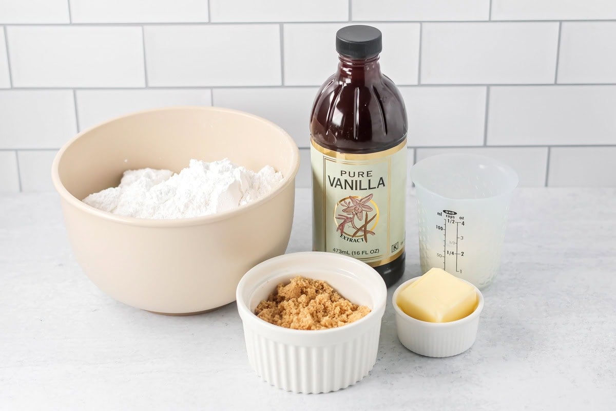 Buttermilk cake glaze ingredients on a kitchen counter.