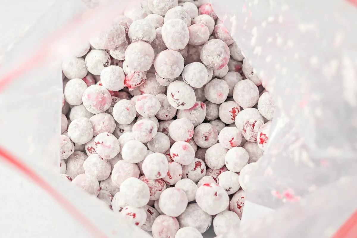 Powdered sugar coated candied cranberries in a ziploc bag.
