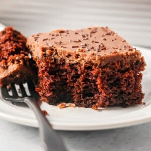 A slice of chocolate pumpkin cake with a bit missing.