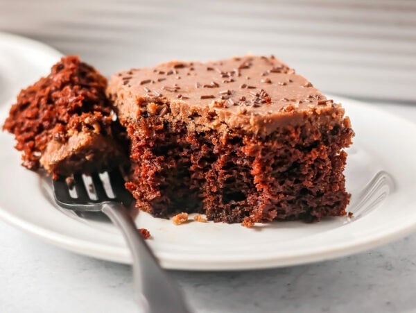 A slice of chocolate pumpkin cake with a bit missing.