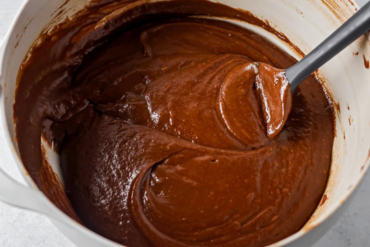 Chocolate pumpkin cake batter in a mixing bowl.