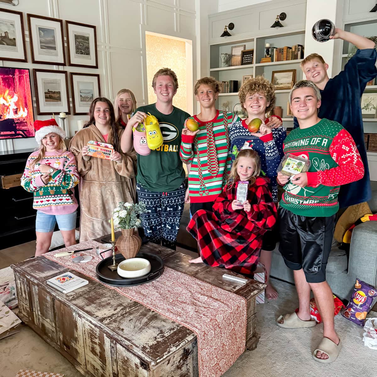 The kids and friends celebrating Christmas in July.
