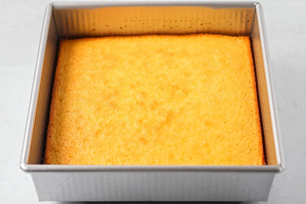 Baked cornbread in a pan for making cornbread croutons.