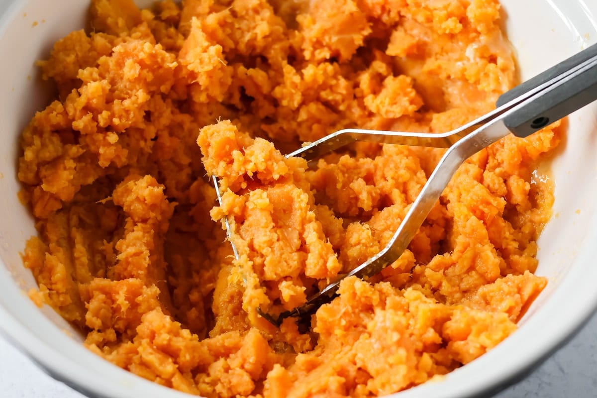 Mashed sweet potatoes for sweet potato casserole.