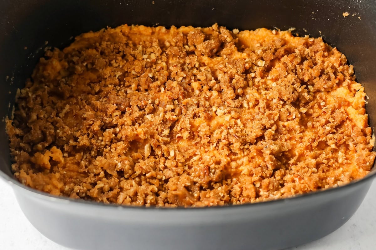 Crockpot sweet potato casserole in a pot.