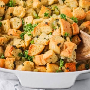 Baked make ahead stuffing in a 9x13 dish.
